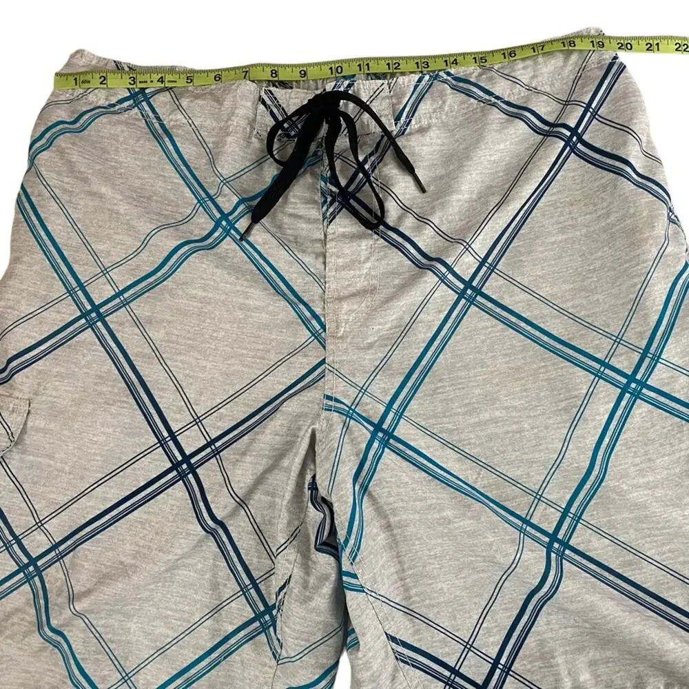 OP Ocean Pacific Swim Trunks Gray Teal Plaid Board Shorts Mens XL 40 42 Surf